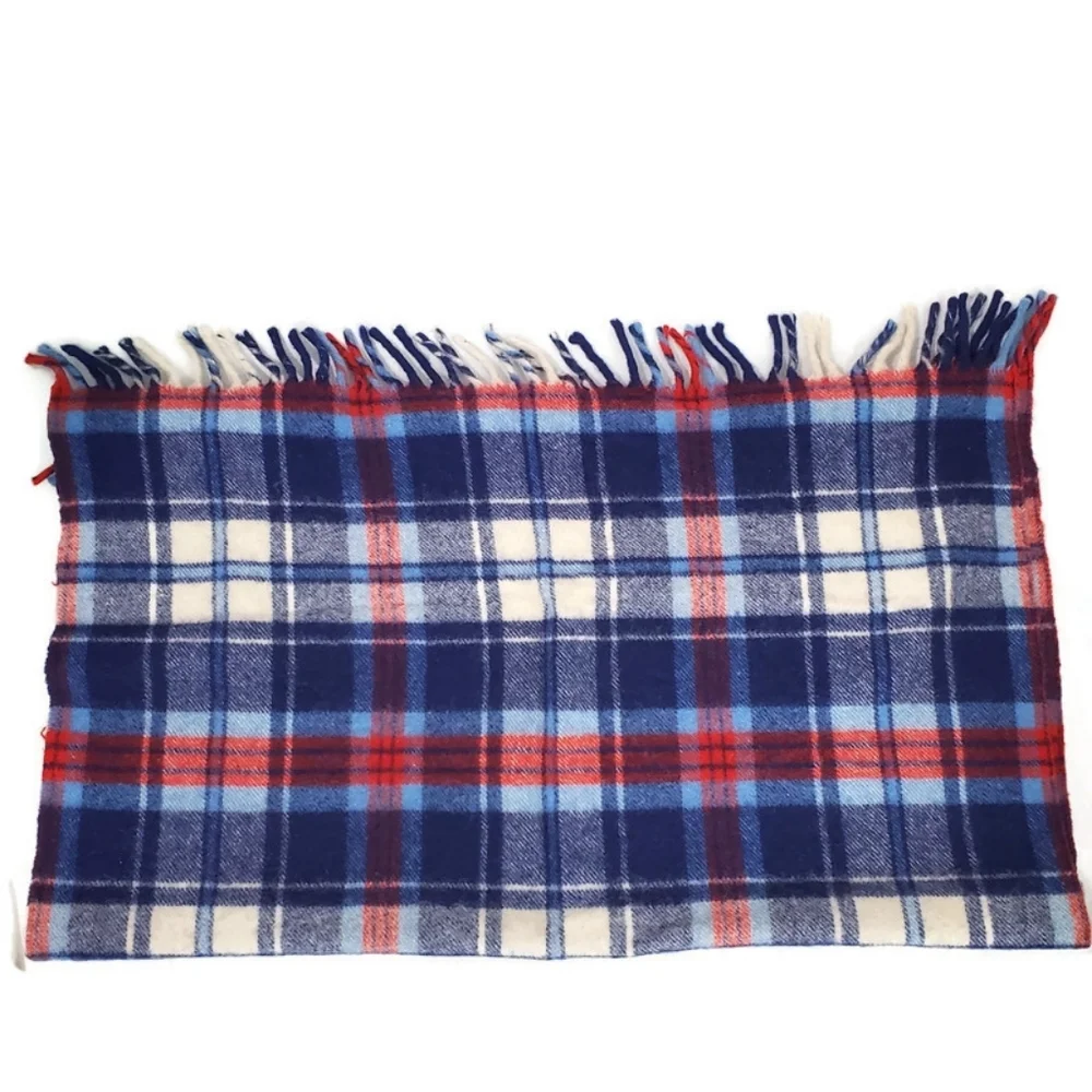 Vintage Curvon Royal Pure Wool Blue Plaid Lap Blanket 34.5
